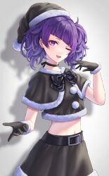 Rule 34 | 1girl, absurdres, black gloves, black santa costume, bow, bowtie, choker, christmas, commentary request, crop top, diagonal bangs, fur-trimmed headwear, fur trim, gloves, grey background, hat, highres, idolmaster, idolmaster shiny colors, looking at viewer, navel, one eye closed, purple eyes, purple hair, santa costume, santa hat, shadow, short twintails, simoumi 217, solo, stomach, tanaka mamimi, twintails