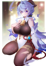 Rule 34 | 1girl, 7inr1n, absurdres, ahoge, bell, black bodysuit, blue hair, blurry, bodysuit, breasts, bug, butterfly, commentary request, depth of field, detached sleeves, ganyu (genshin impact), genshin impact, hair between eyes, highres, horns, insect, large breasts, long hair, long sleeves, looking at viewer, neck bell, purple eyes, rope, seiza, shimenawa, sidelocks, sitting, smile, thick thighs, thighs, torn bodysuit, torn clothes, vision (genshin impact), wide sleeves