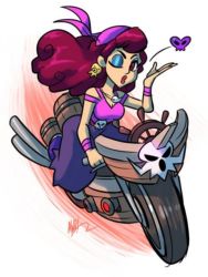 Rule 34 | 1girl, arettes, awd!, bandana, breasts, captain syrup, cleavage, earrings, highres, jewelry, lips, lipstick, long hair, looking at viewer, makeup, motor vehicle, motorcycle, nintendo, one eye closed, pants, pirate, red eyes, red hair, shoes, tagme, thief, tomboy, wario land, wario land: shake it!, wink