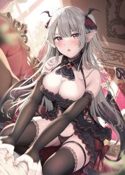 Rule 34 | 1girl, :o, all fours, babydoll, bare shoulders, belt, black choker, black panties, black thighhighs, breasts, bridal gauntlets, choker, cleavage, clothing cutout, demon girl, demon tail, demon wings, detached collar, fang, from above, frown, gluteal fold, grey hair, halterneck, highres, large breasts, lingerie, long hair, looking at viewer, open mouth, original, panties, pointy ears, purple eyes, side cutout, solo, stomach, string panties, tail, thigh strap, thighhighs, tomoo (tomo), two side up, underwear, underwear only, v-shaped eyebrows, wings