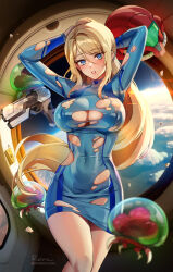 Rule 34 | 1girl, adapted costume, arms behind head, arms up, blonde hair, blue dress, blue eyes, blush, bodysuit, breasts, commentary, covered navel, dress, floating hair, foxyreine, gun, unworn headwear, helmet, unworn helmet, highres, impossible clothes, indoors, large breasts, long hair, long sleeves, looking at viewer, metroid, metroid (creature), mole, mole under mouth, nintendo, parted lips, patreon logo, patreon username, ponytail, samus aran, signature, skin tight, solo, space, thighs, torn clothes, v-shaped eyebrows, weapon, window