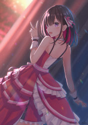 Rule 34 | 1girl, azki (3rd costume) (hololive), azki (hololive), backless dress, backless outfit, black hair, breasts, dress, hair ornament, highres, hololive, idol, kugatsu tooka, long hair, looking at viewer, multicolored hair, open mouth, pink hair, short hair, smile, v, virtual youtuber
