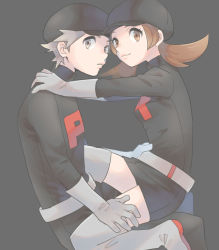Rule 34 | 1boy, 1girl, bad id, bad pixiv id, belt, black headwear, black jacket, black skirt, boots, brown eyes, brown hair, cabbie hat, closed mouth, commentary request, creatures (company), from side, game freak, gloves, grey belt, grey footwear, grey gloves, hand on another&#039;s shoulder, hat, highres, jacket, logo, long hair, lyra (pokemon), nintendo, pokemon, pokemon frlg, pokemon hgss, pumpkinpan, red (pokemon), short hair, skirt, spiked hair, team rocket, team rocket uniform, thigh boots, thighhighs, twintails