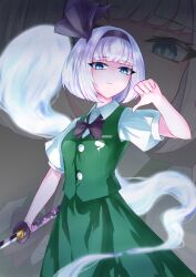 Rule 34 | 1girl, absurdres, black bow, black bowtie, black hairband, bow, bowtie, closed mouth, collared shirt, commentary request, ghost, green skirt, green vest, grey hair, gvxvg00, hairband, highres, holding, holding sword, holding weapon, konpaku youmu, konpaku youmu (ghost), looking at viewer, shirt, short hair, short sleeves, skirt, solo, sword, thumbs down, touhou, vest, weapon, white shirt, zoom layer