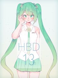 Rule 34 | 1girl, blush, collared shirt, gradient hair, gradient neckwear, green eyes, green hair, green necktie, hand up, hatsune miku, highres, hkoo, long hair, looking at viewer, multicolored hair, necktie, shirt, sleeveless, sleeveless shirt, smile, solo, twintails, very long hair, vocaloid, white shirt