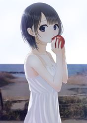 Rule 34 | 1girl, apple, bare arms, bare shoulders, black hair, blue eyes, blush, dress, food, from side, fruit, holding, holding food, holding fruit, kentaurosu, looking at viewer, looking to the side, open mouth, original, short hair, sleeveless, sleeveless dress, solo, white dress