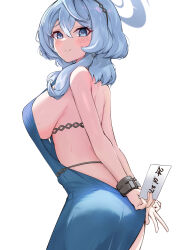 Rule 34 | 1girl, absurdres, ako (blue archive), ako (dress) (blue archive), ass, backless dress, backless outfit, blue archive, blue dress, blue eyes, blue hair, blue halo, blush, breasts, closed mouth, cowboy shot, cuffs, dress, hair between eyes, halo, handcuffs, highres, large breasts, lir (cuhc3357), long hair, looking at viewer, official alternate costume, sideboob, simple background, sleeveless, sleeveless dress, smile, solo, white background