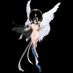 Rule 34 | 1girl, angel wings, azazel (last origin), barefoot, black background, blush, bottomless, breasts, breasts apart, detached collar, feathered wings, feathers, feet, floating, floating hair, flying, full body, gauntlets, green hair, hair over one eye, holding, large breasts, last origin, legs, long hair, looking at viewer, magic, navel, nipples, no panties, parted bangs, parted lips, pelvic curtain, pink eyes, pussy, simple background, solo, thighs, third-party edit, toes, uncensored, wing, wings