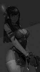 Rule 34 | 10s, 1girl, 2016, alternate costume, artist name, breasts, charm (object), cleavage, cowboy shot, d.va (overwatch), dated, facepaint, facial mark, finger on trigger, gaoerji, gloves, grey background, greyscale, gun, handgun, headphones, highres, holding, holding gun, holding weapon, long hair, medium breasts, monochrome, overwatch, overwatch 1, parted lips, pelvic curtain, pistol, shadow, short sleeves, signature, smile, solo, swept bangs, thighhighs, wallpaper, weapon, whisker markings