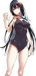 Rule 34 | 1girl, bare legs, black hair, black one-piece swimsuit, breasts, covered navel, cowboy shot, gluteal fold, goggles, goggles around neck, hair between eyes, haitekudasai takamine-san, hiiragi yuuichi, holding, holding towel, large breasts, long hair, looking at viewer, one-piece swimsuit, red eyes, sideboob, simple background, skin tight, solo, straight hair, swimsuit, takamine takane, thighs, towel, wet, white background