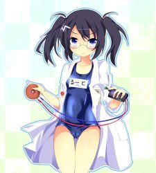 Rule 34 | 1girl, black eyes, black hair, blue eyes, blue one-piece swimsuit, blush, cable, cameltoe, character name, checkered background, chihara chiharu, closed mouth, coat, cowboy shot, doughnut, food, frown, glasses, gradient background, holding, lab coat, looking at viewer, name tag, old school swimsuit, one-piece swimsuit, open clothes, open coat, outline, pop&#039;n music, root@chou dou-ken, school swimsuit, shiny clothes, solo, standing, swimsuit, swimsuit under clothes, thigh gap, twintails