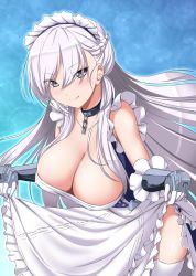 Rule 34 | 1girl, apron, azur lane, bare shoulders, belfast (azur lane), blue dress, blush, braid, breasts, chain, cleavage, collar, commentary request, cowboy shot, dress, french braid, frilled apron, frills, garter straps, gloves, grey eyes, hair between eyes, highres, large breasts, lens flare, long hair, looking at viewer, maid, maid apron, maid headdress, nori tamago, silver hair, skirt hold, sleeveless, sleeveless dress, smile, solo, standing, thighhighs, vambraces, white apron