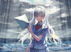 Rule 34 | 1girl, bow, bowtie, bright pupils, cloud, cloudy sky, grey hair, grey jacket, grey skirt, highres, holding, holding paper, horizon, jacket, kaneni, long hair, original, paper, parted lips, pleated skirt, purple eyes, red bow, red bowtie, sheet music, short sleeves, skirt, sky, smile, solo, upper body, white pupils
