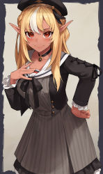 Rule 34 | 1girl, absurdres, beret, black choker, black hat, black jacket, black ribbon, blonde hair, blush, braid, breasts, choker, closed mouth, collarbone, dark-skinned female, dark elf, dark skin, dress, elf, feet out of frame, frilled dress, frilled sleeves, frills, grey background, grey dress, hand on own chest, hand on own hip, hat, highres, hololive, jacket, large breasts, leaning forward, long hair, long sleeves, looking at viewer, multicolored hair, open clothes, open jacket, pinstripe dress, pinstripe pattern, pointy ears, red eyes, ribbon, sailor collar, shiranui flare, side braid, smile, solo, standing, star741, streaked hair, striped clothes, striped dress, two-tone hair, unbuttoned, vertical-striped clothes, vertical-striped dress, virtual youtuber, white hair, white sailor collar