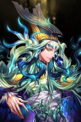 Rule 34 | 1boy, black background, blue feathers, blue hair, blue horns, chinese clothes, curled horns, eyeshadow, fate/grand order, fate (series), feathers, forehead jewel, gem, gold trim, green eyeshadow, green gemstone, green hair, green hat, green pupils, grin, guan hat, hair tubes, hat, highres, horns, long hair, long sleeves, looking at viewer, makeup, male focus, multicolored hair, parted lips, red eyes, red eyeshadow, shi huang di (fate), smile, tenobe, two-tone hair, upper body, very long fingernails, white feathers, white horns