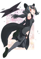 Rule 34 | 10s, 1girl, animal ears, aye-aye (kemono friends), back, bad id, bad tumblr id, bare shoulders, black hair, blonde hair, blush, china dress, chinese clothes, dress, full body, gloves, grey hair, highres, japari symbol, kemono friends, long hair, momosuke (ishakry), multicolored hair, open mouth, pink hair, red eyes, shuriken, solo, tail, thighhighs, twintails, weapon, white background
