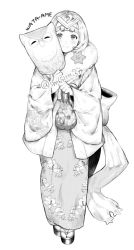 Rule 34 | 1girl, artist name, closed mouth, feh (fire emblem heroes), fire emblem, fire emblem heroes, full body, fur trim, greyscale, japanese clothes, kimono, long sleeves, monochrome, nintendo, official alternate costume, sandals, sh06512223, short hair, simple background, smile, solo, standing, tabi, tiara, twitter username, white background, wide sleeves, ylgr (fire emblem)