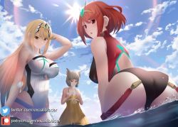 Rule 34 | 3girls, animal ears, ass, bare shoulders, black one-piece swimsuit, blonde hair, blunt bangs, blush, breast envy, breasts, cat ears, chest jewel, cleavage, competition swimsuit, dress, dress swimsuit, earrings, excaliblader, facial mark, female focus, gem, grey hair, headpiece, jewelry, large breasts, long hair, looking at viewer, multiple girls, mythra (radiant beach) (xenoblade), mythra (xenoblade), nia (fancy sundress) (xenoblade), nia (xenoblade), one-piece swimsuit, open mouth, pyra (pro swimmer) (xenoblade), pyra (xenoblade), red eyes, red hair, red one-piece swimsuit, short hair, smile, strapless, strapless one-piece swimsuit, swept bangs, swimsuit, tiara, two-tone swimsuit, very long hair, white one-piece swimsuit, xenoblade chronicles (series), xenoblade chronicles 2, yellow dress, yellow eyes, yellow one-piece swimsuit