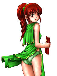 Rule 34 | 1girl, :d, ass, bare shoulders, book, brown eyes, brown hair, delthea (fire emblem), dress, fire emblem, fire emblem gaiden, green dress, green panties, holding, holding book, looking back, midorinor, nintendo, open mouth, panties, pantyshot, ponytail, side slit, simple background, sleeveless, sleeveless dress, smile, solo, underwear, white background