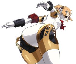 Rule 34 | 1girl, aegis (persona), android, ass, blonde hair, blue eyes, bow, highres, joints, open mouth, persona, persona 3, rdc7229, ribbon, robot joints, short hair, simple background, solo, weapon, white background