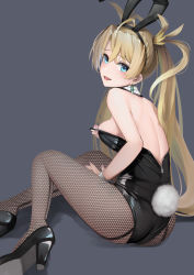 Rule 34 | 1girl, adjusting clothes, adjusting leotard, alternate costume, animal ears, bare shoulders, black leotard, blonde hair, blue eyes, bradamante (fate), braid, breasts, rabbit ears, rabbit tail, detached collar, earrings, fake animal ears, fate/grand order, fate (series), fishnet pantyhose, fishnets, french braid, high heels, highres, jewelry, leotard, long hair, looking back, medium breasts, pantyhose, playboy bunny, solo, strapless, strapless leotard, sunga2usagi, tail, twintails, very long hair, wrist cuffs