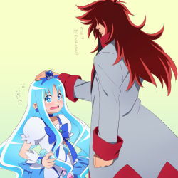 Rule 34 | 10s, 1boy, 1girl, ahoge, angry, blue eyes, blue hair, blue skirt, blush, brooch, choker, cure marine, dress, earrings, embarrassed, flower, hair ornament, hairpin, hand on another&#039;s head, heart, heart brooch, heartcatch precure!, height difference, jacket, jewelry, kumojacky, kurumi erika, long hair, magical girl, messy hair, no eyes, precure, red hair, ribbon, satowo, sidelocks, simple background, skirt, smile, wrist cuffs