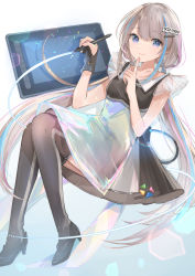 Rule 34 | 1girl, absurdres, black footwear, black thighhighs, blue eyes, blue hair, collarbone, colored inner hair, dress, frilled dress, frills, high heels, highres, light brown hair, long hair, looking at viewer, mochitsuki usa, multicolored hair, official art, original, pumps, purple hair, smile, solo, thighhighs, white background