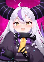 Rule 34 | 1girl, :d, ahoge, ascot, blush, braid, collar, commentary request, demon horns, fang, highres, hololive, holox, horns, jacket, la+ darknesss, la+ darknesss (1st costume), long hair, long sleeves, looking at viewer, metal collar, multicolored hair, open mouth, pointy ears, profnote, purple jacket, skin fang, sleeves past fingers, sleeves past wrists, smile, solo, streaked hair, striped horns, upper body, virtual youtuber, yellow ascot, yellow eyes