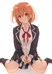 Rule 34 | 1girl, black jacket, black socks, blazer, blush, bow, closed mouth, collared shirt, commentary request, dress shirt, hair between eyes, hair bun, highres, hikashou, jacket, long sleeves, looking at viewer, no shoes, one side up, open clothes, open jacket, orange hair, own hands together, pleated skirt, red bow, red eyes, shadow, shirt, side bun, single hair bun, single side bun, sitting, skirt, smile, socks, solo, wariza, white background, white shirt, white skirt, yahari ore no seishun lovecome wa machigatteiru., yuigahama yui