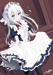 Rule 34 | 1girl, against wall, alternate costume, alternate hairstyle, apron, bad id, bad pixiv id, black thighhighs, blue dress, blue eyes, dress, dutch angle, enmaided, feet out of frame, frilled apron, frills, hibiki (kancolle), highres, kantai collection, long hair, looking at viewer, maid, maid headdress, neck ribbon, one side up, red ribbon, ribbon, skirt hold, solo, standing, tachakan, thighhighs, white apron, white hair
