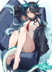 Rule 34 | 1girl, arknights, arm up, bare legs, bare shoulders, barefoot, black hair, black jacket, blue hair, blue skin, blurry, breasts, colored skin, couch, depth of field, dragon girl, dragon horns, dragon tail, dress, dusk (arknights), earrings, eyes visible through hair, full body, gradient hair, hair over one eye, highres, horns, jacket, jewelry, legs up, long hair, looking at viewer, lying, medium breasts, momosawa nao, multicolored hair, necktie, off shoulder, on back, on couch, open clothes, open jacket, parted lips, pointy ears, red eyes, red necktie, short dress, solo, tail, very long hair, white dress