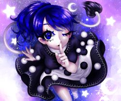 Rule 34 | 1girl, apron, blue eyes, blue hair, cloud, crescent, demon tail, doremy sweet, dress, eyelashes, finger to mouth, flying, gradient background, hiyoko risu, looking at viewer, matching hair/eyes, one eye closed, pom pom (clothes), ponytail, short sleeves, socks, solo, sparkle, sparkling eyes, star (sky), tail, tapir tail, touhou, waist apron, wavy hair