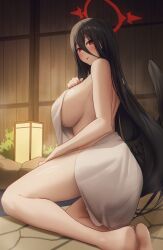 Rule 34 | 1girl, :p, absurdres, black hair, black wings, blue archive, blush, breasts, gileu, hasumi (blue archive), highres, huge breasts, long hair, mole, mole under eye, naked towel, red eyes, sideboob, solo, tongue, tongue out, towel, very long hair, wings