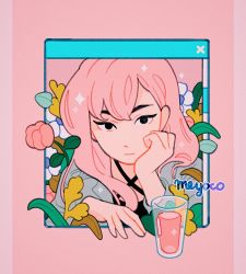 Rule 34 | 1girl, artist name, black eyes, cup, drink, drinking glass, flower, head on hand, head rest, long hair, looking at viewer, meyoco, original, pink background, pink flower, pink hair, portrait, simple background, solo, white flower, window, window (computing)