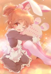 Rule 34 | 1girl, abe nana, animal ears, apron, bad id, bad twitter id, black dress, blush, bow, brown eyes, brown hair, commentary request, dress, fake animal ears, full body, hair bow, happy birthday, heart, idolmaster, idolmaster cinderella girls, long hair, looking at viewer, maid apron, no shoes, hugging object, one eye closed, open mouth, pillow, pillow hug, pink bow, pink thighhighs, ponytail, rabbit ears, sitting, smile, solo, sparkle, thighhighs, usoneko