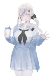 Rule 34 | 1girl, black bow, black neckerchief, blue cardigan, bow, breasts, cardigan, coffee cup, cowboy shot, cup, disposable cup, drinking straw, hair bow, hair ornament, hairclip, highres, holding, holding cup, large breasts, looking at viewer, low twintails, multicolored hair, neckerchief, open cardigan, open clothes, original, pleated skirt, purple eyes, school uniform, serafuku, skirt, solo, star-shaped pupils, star (symbol), streaked hair, symbol-shaped pupils, twintails, unusa, white hair
