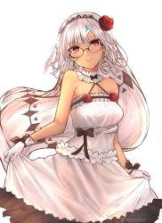 Rule 34 | 10s, 1girl, altera (fate), black-framed eyewear, black bow, bow, breasts, choker, dark skin, dark-skinned female, dress, earrings, fate/extella, fate/extra, fate (series), floating hair, flower, glasses, gloves, hair flower, hair ornament, halterneck, highres, jewelry, leatzche, long hair, looking at viewer, medium breasts, red eyes, red flower, rei no himo, ribbon, rose, silver hair, simple background, skirt hold, sleeveless, sleeveless dress, solo, standing, twitter username, very long hair, white background, white dress, white gloves, white ribbon