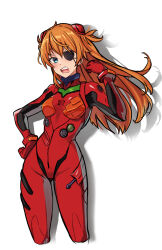 Rule 34 | 1girl, :o, absurdres, blush, bodysuit, breasts, brown hair, evangelion: 3.0 you can (not) redo, evening, eyepatch, floating hair, gustaflowart, hand in own hair, hand on own hip, highres, interface headset, long hair, looking at viewer, medium breasts, neon genesis evangelion, plugsuit, rebuild of evangelion, red bodysuit, shiny clothes, simple background, solo, souryuu asuka langley, tsundere, two side up, white background