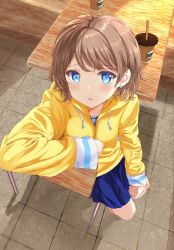 Rule 34 | 1girl, :o, artist name, artist request, athha, bare legs, blue dress, blue eyes, blue skirt, blush, breasts, chair, dress, drinking cup, drinking straw, earrings, female focus, grey hair, highres, hood, hoodie, jacket, jewelry, light brown hair, long sleeves, looking at viewer, love live!, love live! sunshine!!, on chair, parted lips, short hair, sitting, skirt, small breasts, solo, star (symbol), star earrings, table, watanabe you, yellow jacket