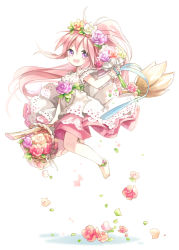 Rule 34 | 1girl, anklet, arche klein, bad id, bad pixiv id, barefoot, bouquet, broom, broom riding, dress, feet, female focus, flower, flying, hair flower, hair ornament, hajida, happy, headdress, holding, holding flower, jewelry, long hair, open mouth, pink hair, ponytail, purple eyes, ribbon, riding, solo, tales of (series), tales of phantasia