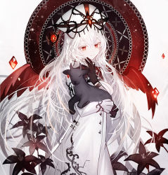 Rule 34 | 1girl, animal, black flower, black gloves, closed mouth, colored eyelashes, commentary request, dress, flower, gloves, goat, grey background, hair between eyes, highres, juexing (moemoe3345), long hair, long sleeves, looking at viewer, original, red wings, simple background, sleeves past wrists, smile, solo, very long hair, white dress, white hair, wings