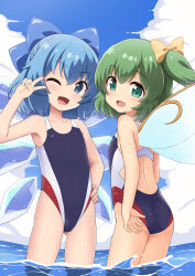 Rule 34 | 2girls, bare arms, bare legs, bare shoulders, black one-piece swimsuit, blue bow, blue eyes, blush, bow, cirno, collarbone, competition swimsuit, daiyousei, day, detached wings, fairy, fairy wings, green eyes, green hair, hair between eyes, hair bow, highres, ice, ice wings, long hair, multiple girls, one-piece swimsuit, one eye closed, open mouth, outdoors, side ponytail, smile, swimsuit, touhou, v, water, wings, yuuma (skirthike)