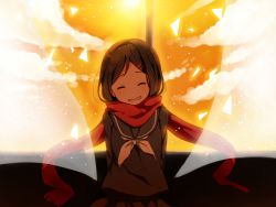 Rule 34 | 1girl, bad id, bad pixiv id, black hair, closed eyes, curtains, ebo, enpera, hair ornament, hairclip, highres, kagerou project, long hair, loss time memory (vocaloid), orange sky, red scarf, scarf, school uniform, sky, smile, solo, tateyama ayano, vocaloid, window