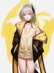 Rule 34 | 1girl, absurdres, bad id, bad pixiv id, black horns, black jacket, brown eyes, collarbone, earrings, feet out of frame, hands in pockets, highres, horns, jacket, jewelry, looking at viewer, mea (hwaksal), medium hair, open clothes, open jacket, original, shirt, silver hair, simple background, single horn, solo, standing, yellow shirt