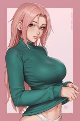 Rule 34 | 1girl, artist name, breasts, chloe (sciamano240), closed mouth, clothes lift, earrings, forehead, freckles, from side, green sweater, highres, jewelry, large breasts, lips, long hair, looking at viewer, midriff peek, navel, nose, original, panties, parted hair, pink eyes, pink hair, sciamano240, simple background, smile, solo, sweater, sweater lift, turtleneck, turtleneck sweater, underwear, upper body, white panties