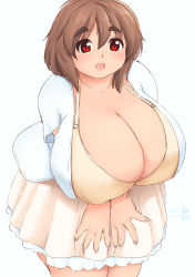 Rule 34 | 1girl, bra, breasts, brown hair, cleavage, eno konoe, fat, huge breasts, leaning forward, mikomu, open clothes, open mouth, original, plump, red eyes, skirt, smile, solo, standing, thick eyebrows, underwear