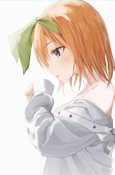 Rule 34 | 1girl, bad id, bad twitter id, blue eyes, blush, breasts, commentary request, go-toubun no hanayome, green ribbon, grey background, hair between eyes, hair ribbon, hand up, highres, long sleeves, looking away, looking down, medium breasts, nakano yotsuba, nel dcm, no bra, off shoulder, open clothes, orange hair, oversized clothes, oversized shirt, parted lips, profile, ribbon, shirt, simple background, sleeves past wrists, solo, upper body, white shirt