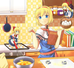 Rule 34 | 1girl, alice margatroid, bad id, bad pixiv id, baking, basket, blonde hair, blue eyes, book, bow, capelet, cookie, cooking, doll, egg, english text, engrish text, female focus, food, frying pan, hair bow, hairband, kitchen, mixing bowl, oven mitts, pointing, ranguage, shanghai doll, short hair, smile, solo, touhou, tsuchifumazu, whisk