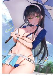 Rule 34 | 1girl, absurdres, belt, bikini, black hair, blue sky, blurry, blush, bracelet, breasts, cleavage, cloud, cloudy sky, collarbone, confetti, day, green eyes, highleg, highleg bikini, highres, holding, jewelry, long hair, looking at viewer, medium breasts, navel, open mouth, original, outdoors, race queen, scan, seiru (prairie), short sleeves, simple background, sky, solo, stomach, swimsuit, thighs, umbrella