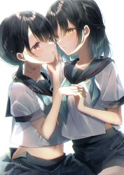 Rule 34 | 2girls, absurdres, black hair, black neckerchief, black skirt, blue neckerchief, brown eyes, chromatic aberration, commentary request, cowboy shot, cropped shirt, eye contact, hair between eyes, hairstyle request, half updo, hand on another&#039;s cheek, hand on another&#039;s face, hand on another&#039;s hand, highres, interlocked fingers, light particles, long hair, looking at another, midriff peek, multicolored eyes, multiple girls, navel, neckerchief, original, parted lips, pleated skirt, puffy short sleeves, puffy sleeves, school uniform, see-through, see-through silhouette, serafuku, shadow, shirt, short sleeves, sidelocks, simple background, skirt, touki matsuri, unbuttoned skirt, undone neckerchief, white background, white serafuku, white shirt, yellow eyes, yuri